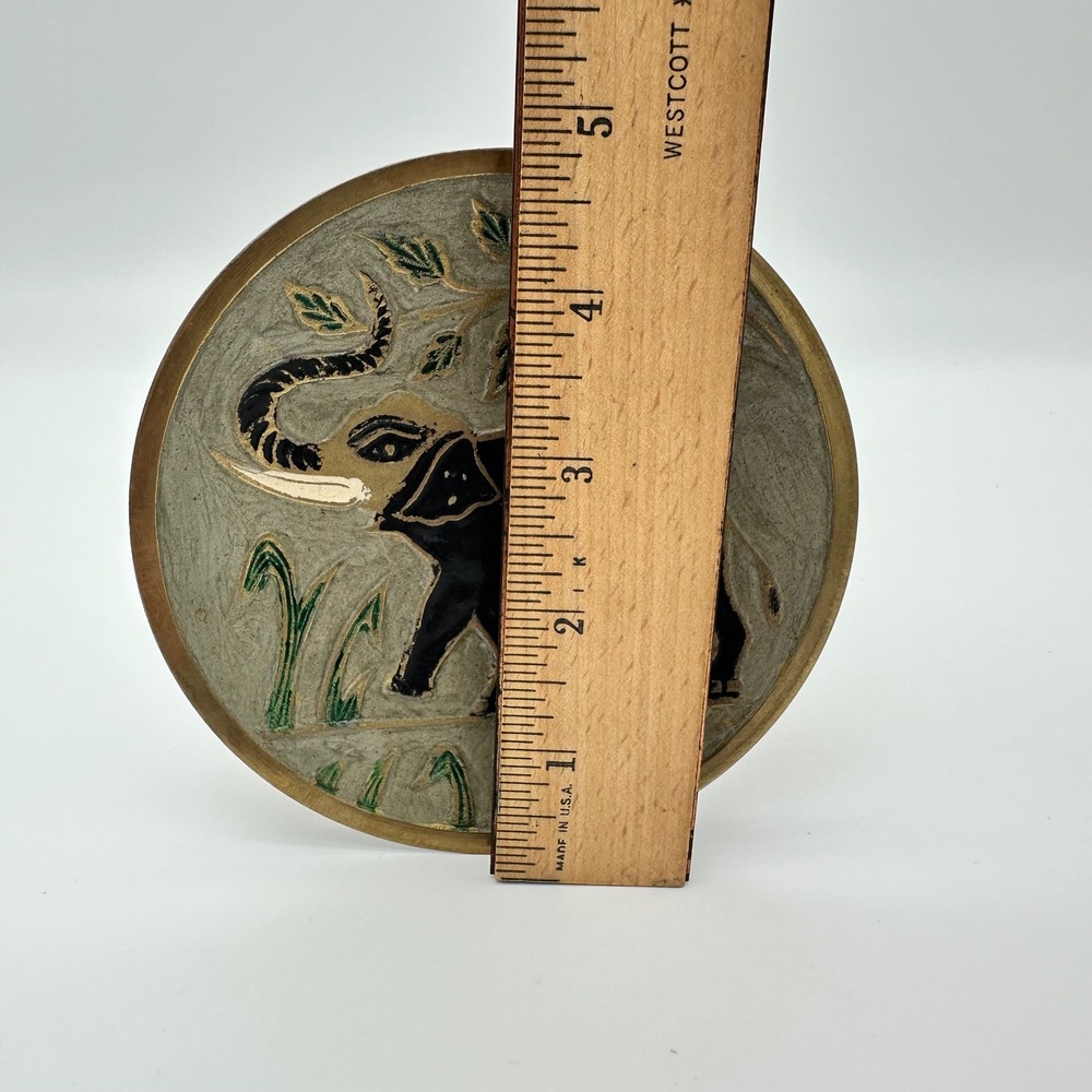Vintage Brass Decorative Plate Elephant 5" Gold Black Enamel India Wall Art - Picture 2 of 8